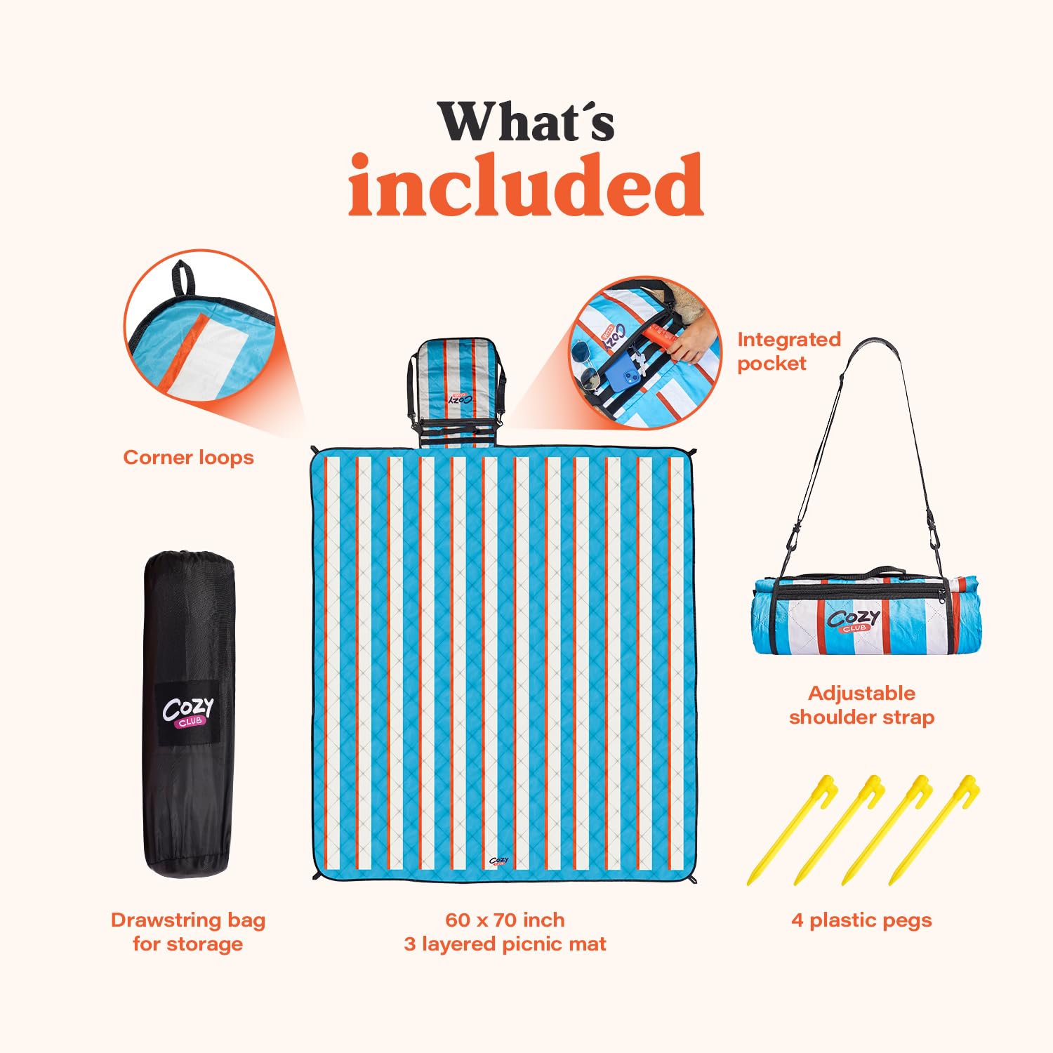 Cozy Club Picnic Blanket – Waterproof Beach Mat | Blue Stripes