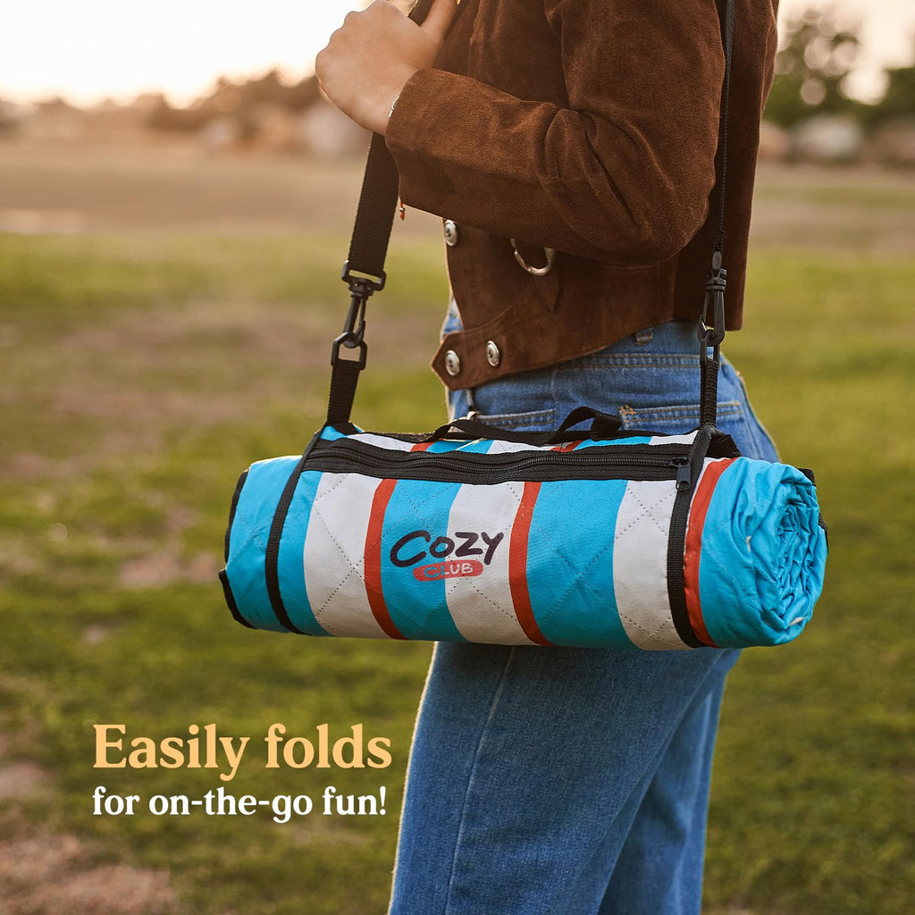 Cozy Club Picnic Blanket – Waterproof Beach Mat | Blue Stripes