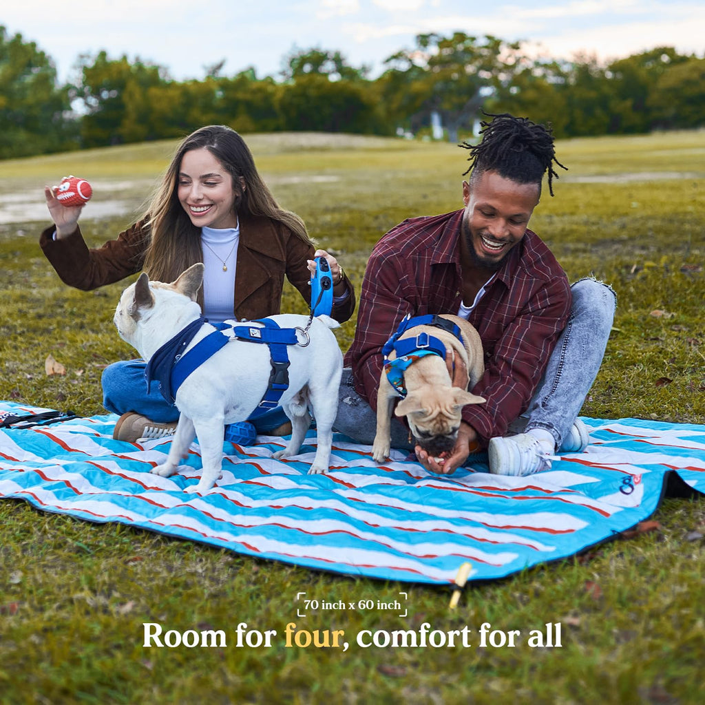 Cozy Club Picnic Blanket – Waterproof Beach Mat | Blue Stripes